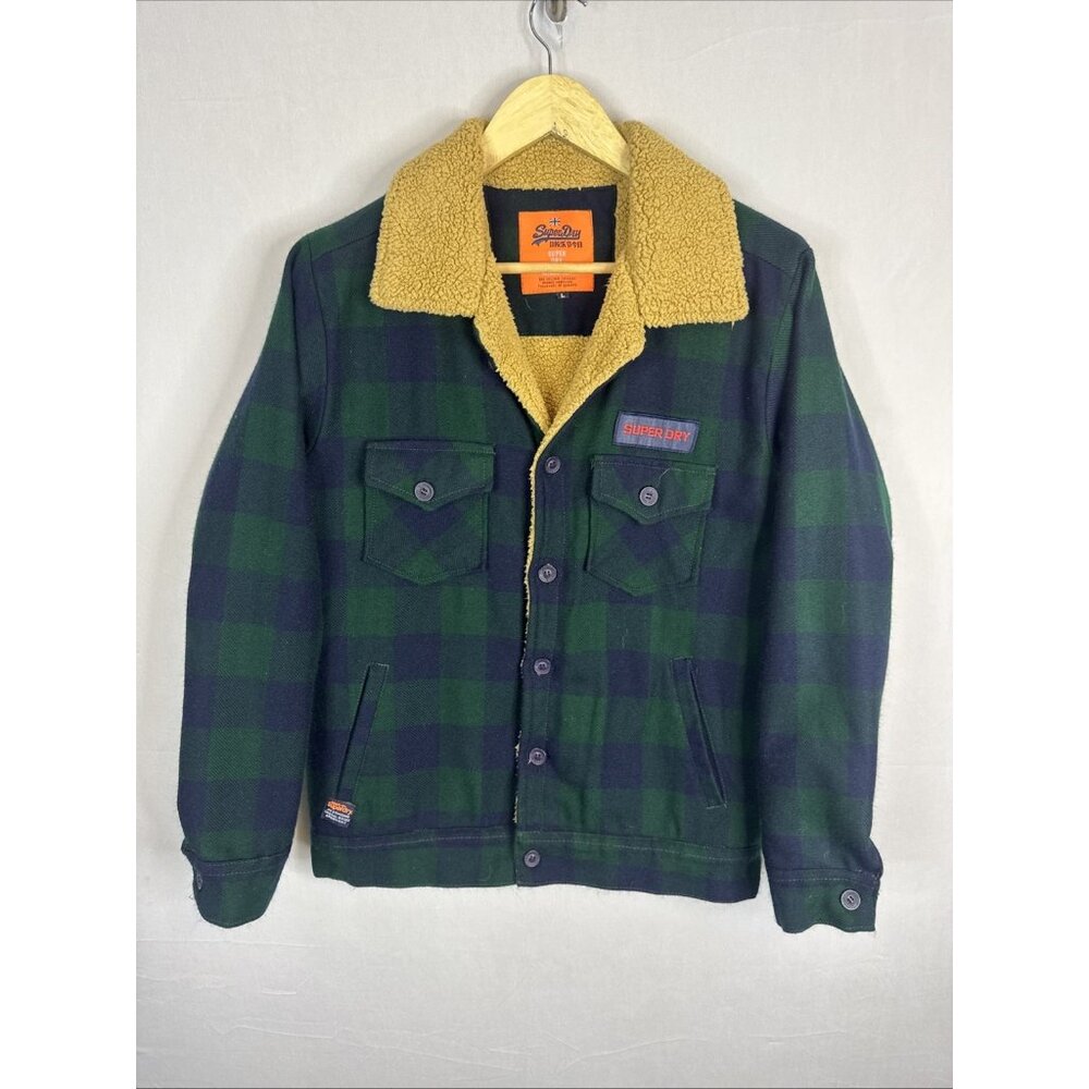 Superdry Sherpa Lined Plaid Flannel Shacket Jacket Green Black Women’s L